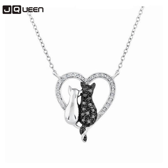 New  Lovely Cat  Black White 2 Cat On Heart Crystal Pendant Necklace For Women Girl Best Friend Neck Jewelry